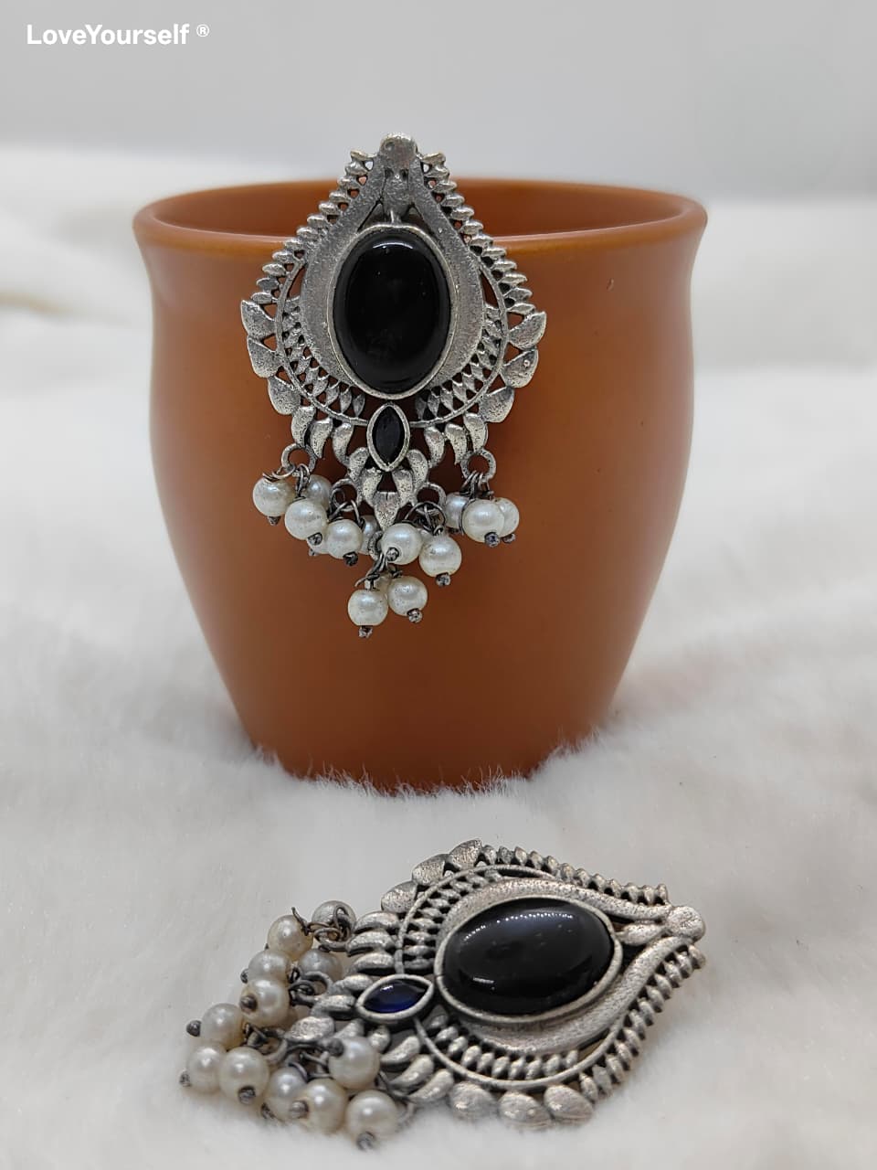 LoveYourself German Silver Earrings - Black Stone Earring
