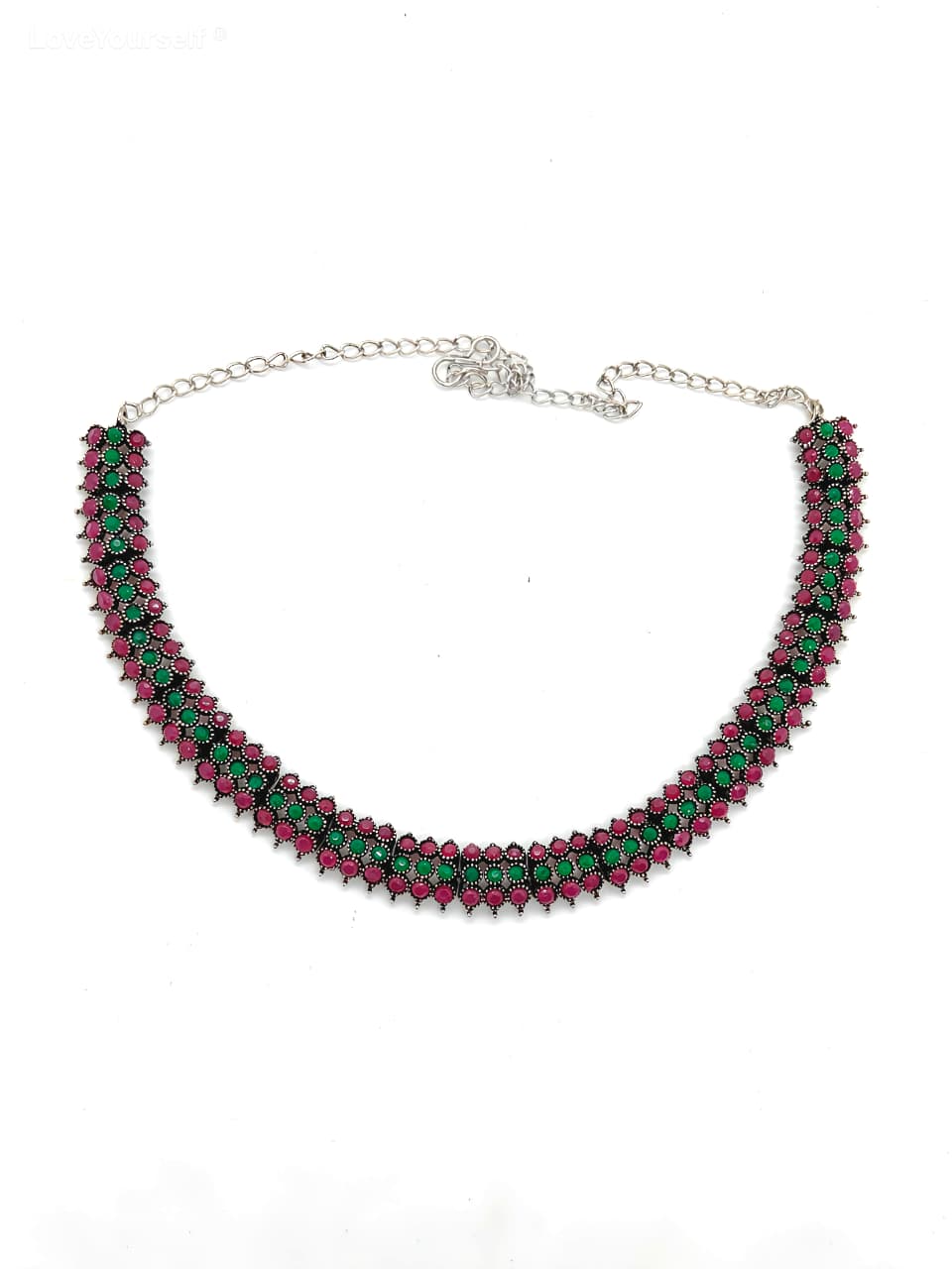 LoveYourself German Silver Necklace Set - Ruby & Green Stones