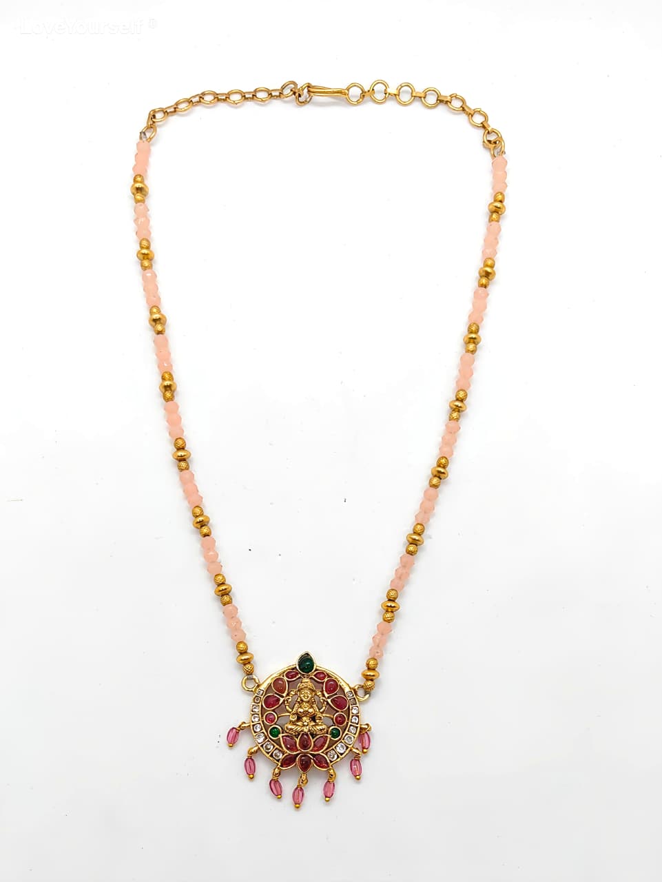 LoveYourself Traditional Necklace Set - Pink Beads with Laxmi Pendant
