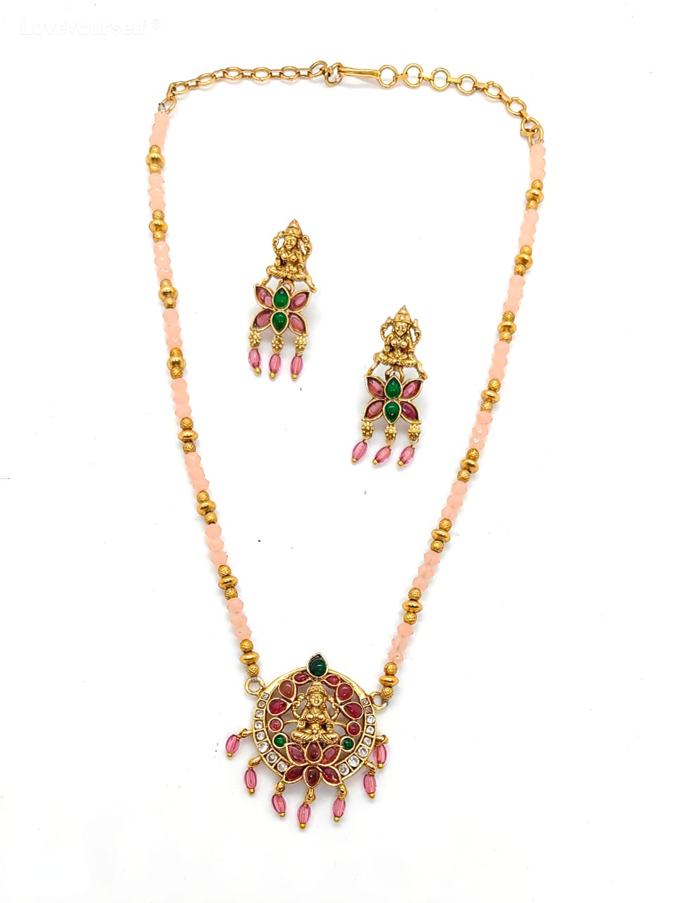 LoveYourself Traditional Necklace Set - Pink Beads with Laxmi Pendant