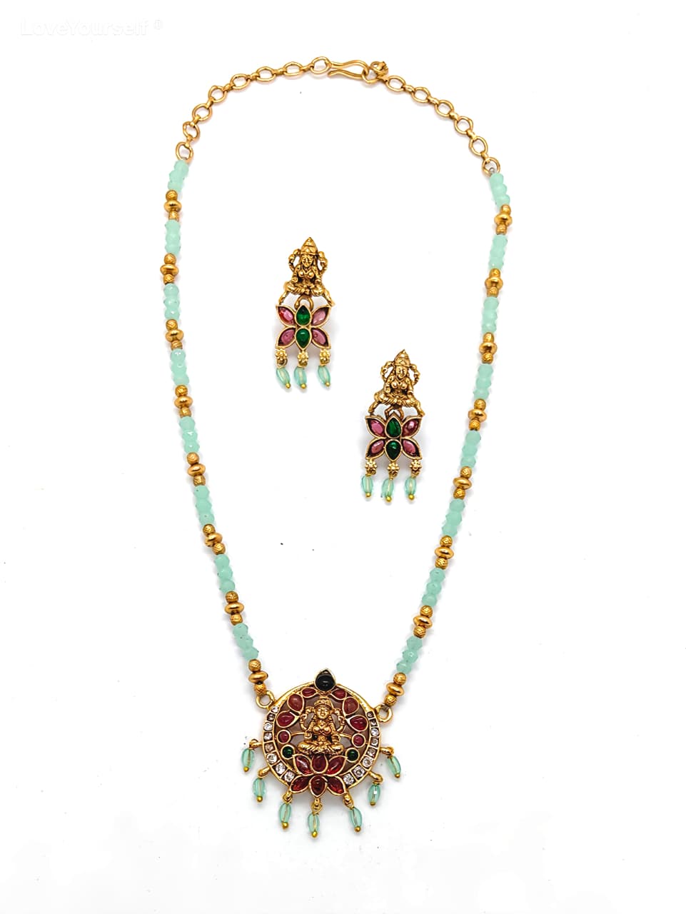 LoveYourself Traditional Necklace Set - Mint Bead Laxmi Pendant