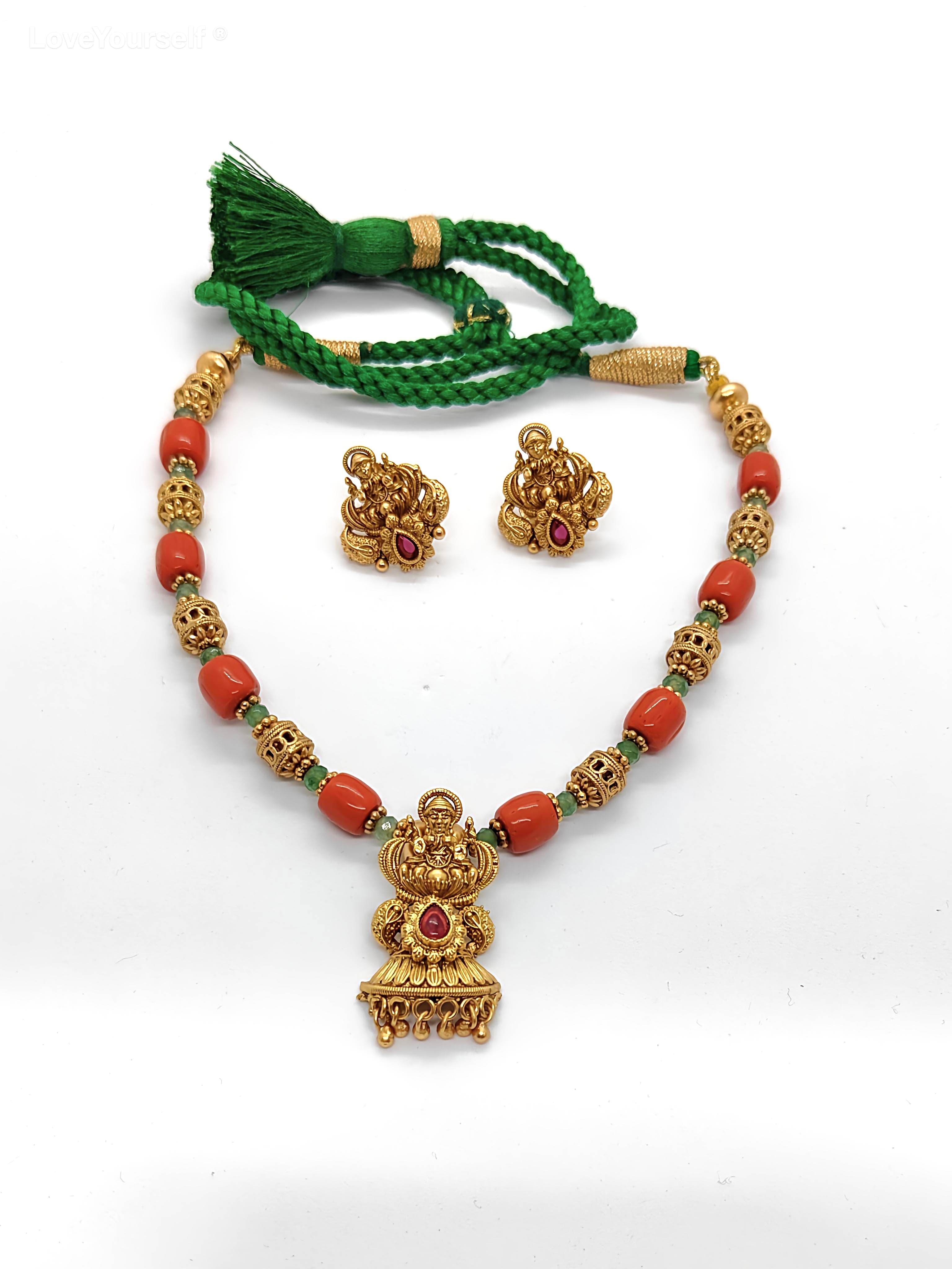 LoveYourself Traditional Necklace Set - Coral Laxmi Pendant